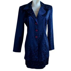 Vintage Women's Sz 5/6 Brocade Skirt Suit Blue Floral Long Blazer 1990's Padded